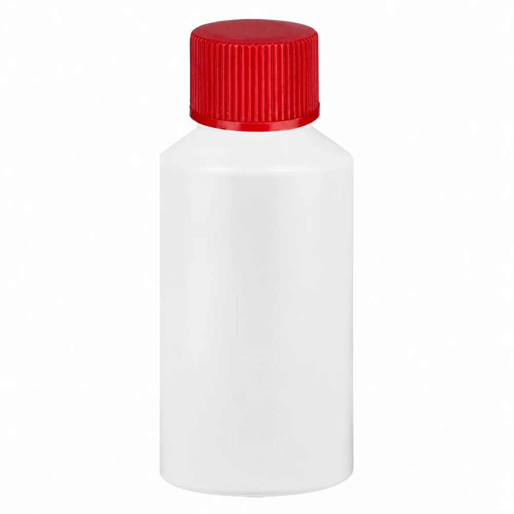 Apoteksflaska HDPE 50ml vit, med rött skruvlock Apoteksflaska 50 ml, HDPE, vit med rött skruvlock för farmaceutiskt bruk och laboratoriebruk