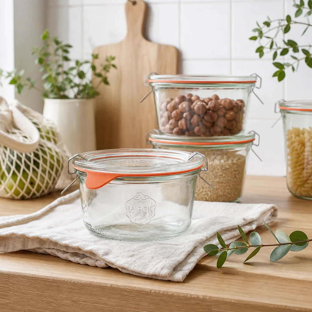 165ml Krossade glasögon komplett WECK RR80 WECK 165 ml RR80-glas i ett modernt kök med förvaringsburkar fulla med nötter och flingor på en bänkskiva av trä