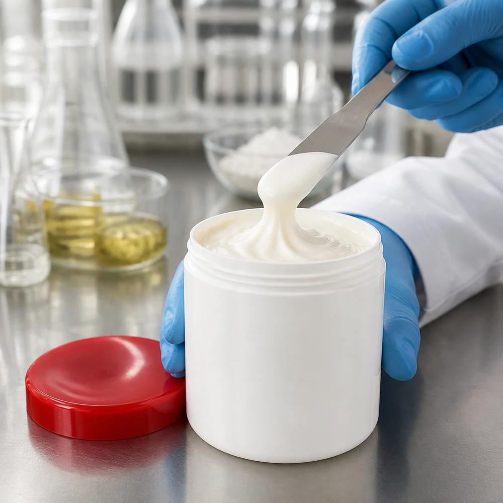 Salvburk 30g vit med rött skruvlock (polypropylen) Medicinsk salvorburk 30 g, vit med rött PP-lock, fylld med kräm på ett professionellt sätt i laboratoriet