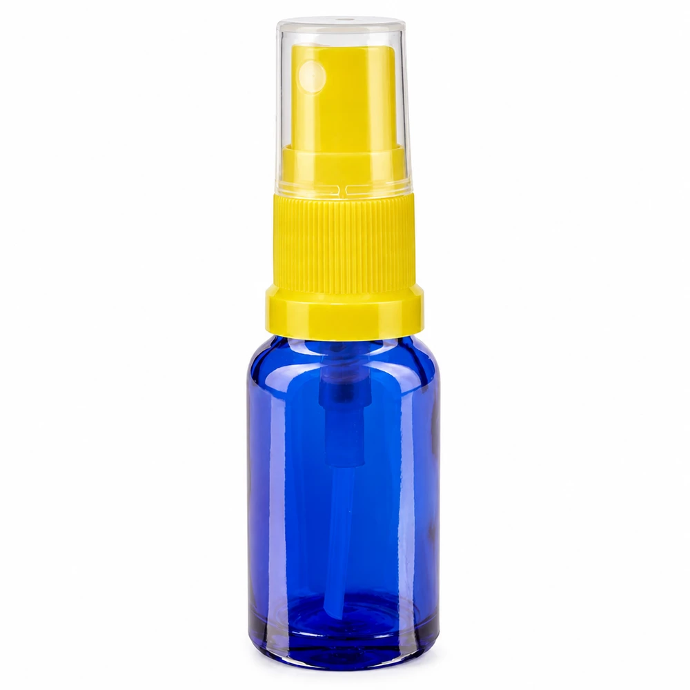 Apoteksflaska blå 30ml med gul spraytopp 30 ml blå glasflaska med gul spruthuvud och genomskinligt skyddslock för apotek