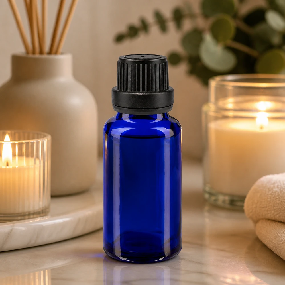 Apoteksflaska blå 20ml skruvlock svart tätningsinsats manipuleringssäker förslutning 20 ml apoteksflaska, blå med svart droppkork, för eteriska oljor och aromaterapi