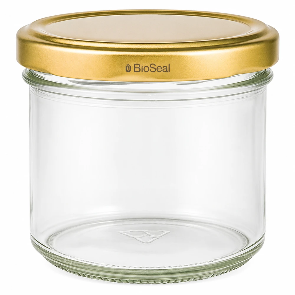 125 ml Krossade glasögon med UNiTWIST BioSeal-lock i guld UNiTWIST-glas 125 ml med gyllene TO66 BioSeal-lock - konserveringsburk för sylt och konserver