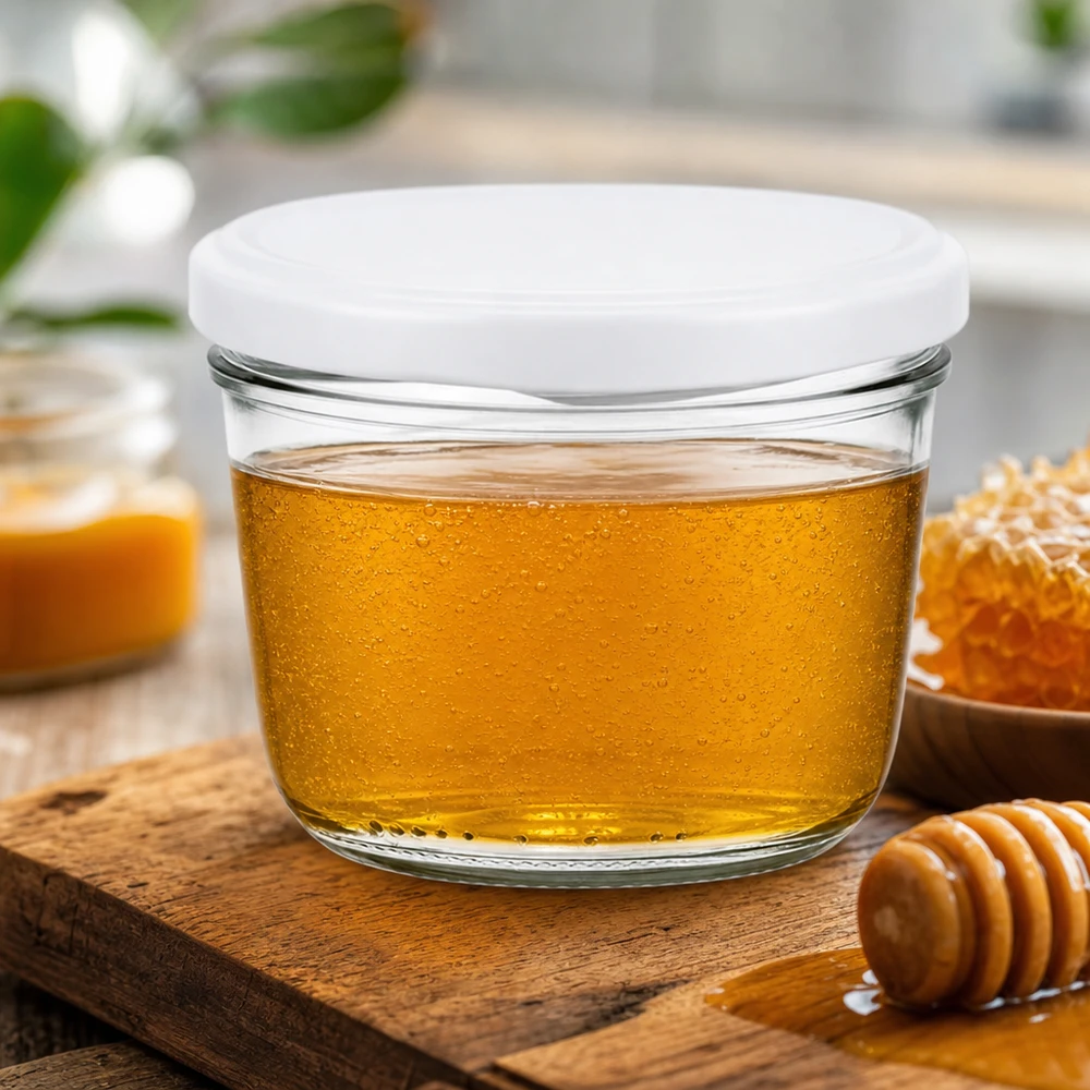 230ml Krossade glasögon med BasicSeal-lock vit UNiTWIST 230 ml glas med vitt lock för honung - biodlarburk med honungssked på ett rustikt träbord