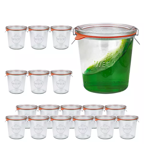 Set med 18 Weck jars 580ml Krossade glasögon med 18 glaslock, 1 Set med 18 Weck jars 580ml Krossade glasögon med 18 glaslock, 1