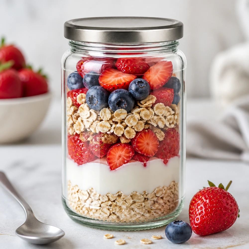 Rund burk 305 ml med lock BasicSeal silver UNiTWIST 305ml Rundglas als Overnight Oats Schichtdessert mit Beeren und Granola - BasicSeal Deckel silber für Meal Prep