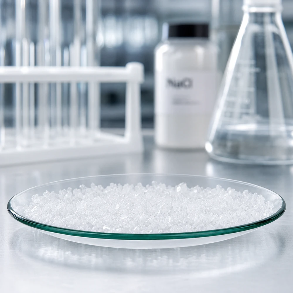 Klockformad glasskål ø110 mm Titta på glasskål 110 mm diameter med vita granulat i en steril laboratoriemiljö