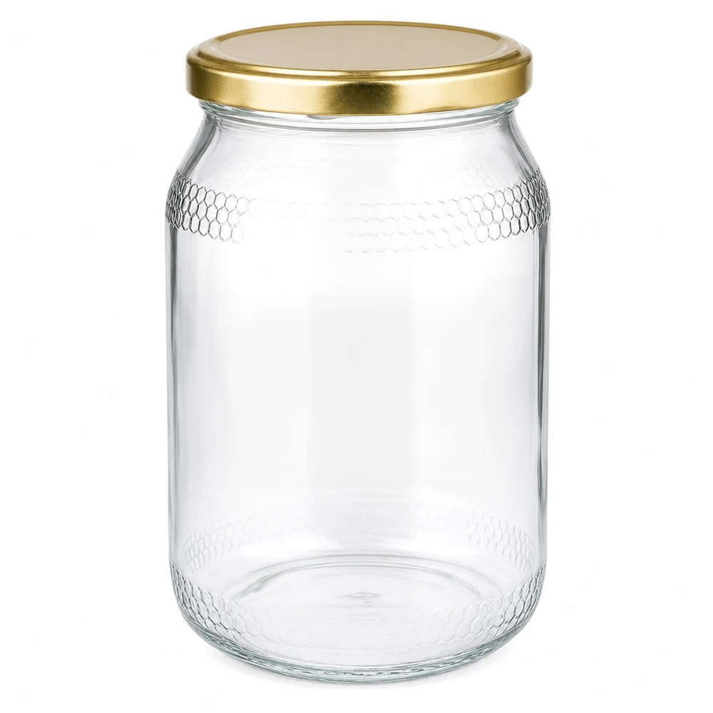 1260 g honungsburk med gyllene BasicSeal UNiTWIST-lock 900 ml honungsburk med gyllene BasicSeal UNiTWIST-lock - tom glasburk för honung med prägling av bikakemönster