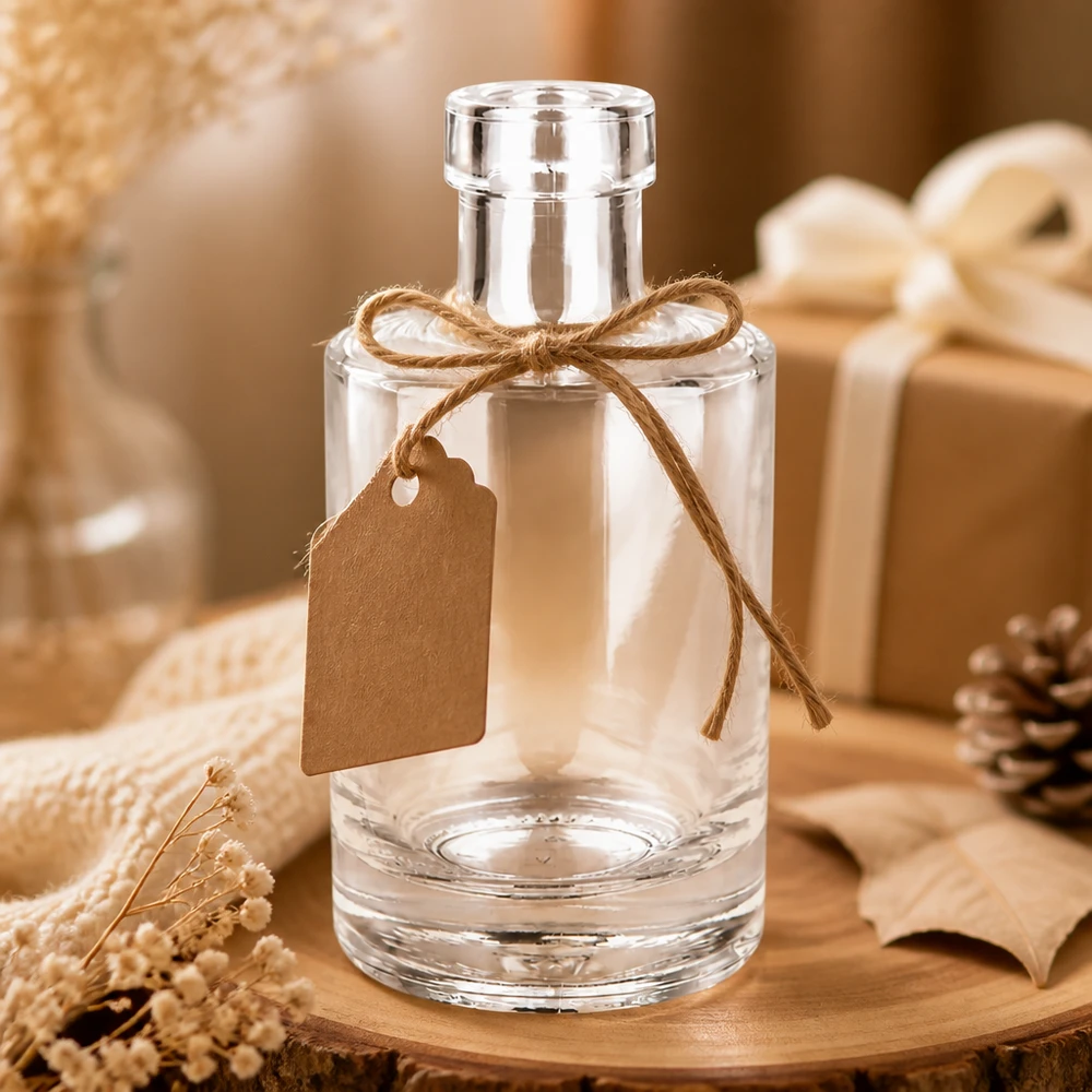 200 ml glasflaska Marie utan lock UNiTWIST® Glasflasche Marie 200ml leer dekorativ mit Geschenkanhänger rustikale Herbstdeko mit Tannenzapfen und warmer Atmosphäre
