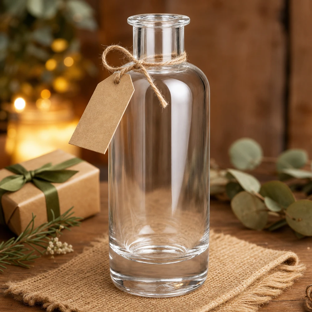 200 ml glasflaska Ella utan förslutning UNiTWIST® 200 ml glasflaska Ella tom med presentetikett och juteband som julklapp dekorerad på trä