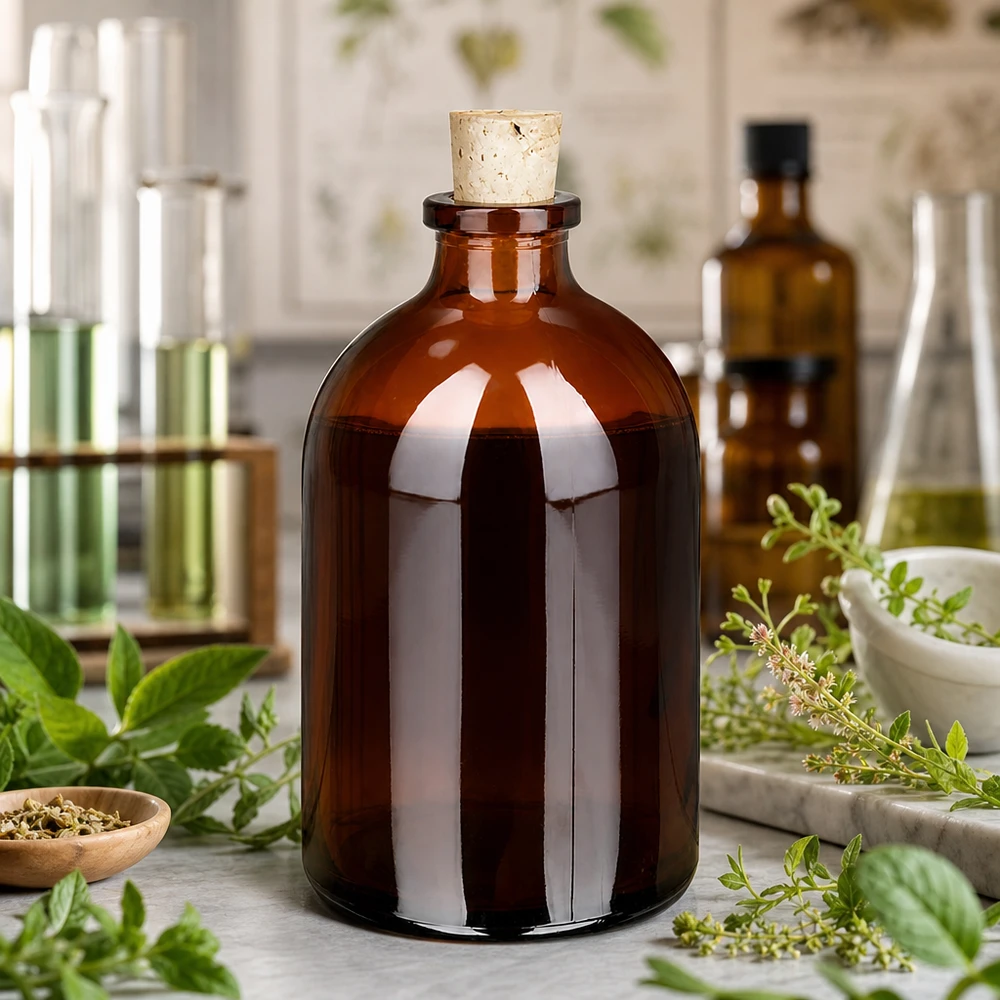 Bärnstensfärgad glasflaska 100ml med kork 11/14mm Rundbodenflasche 100ml Braunglas mit Korkdurchmesser 11/14mm neben Mörser und Kräuterextrakten
