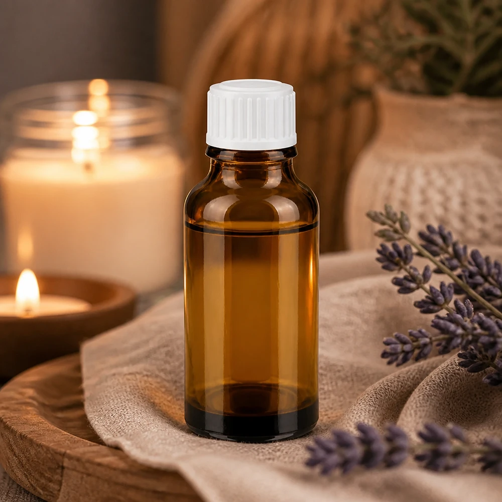 Apoteksflaska brun 20ml droppflaska vit 0,8mm standard En bärnstensfärgad glasflaska på 20 ml med vit droppkork på en träbricka med lavendel