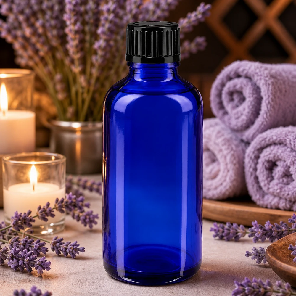 Apoteksflaska blå 50ml skruvkork svart standard Blå glasflaska på 50 ml med svart lock, omgiven av lavendelblommor och ljus