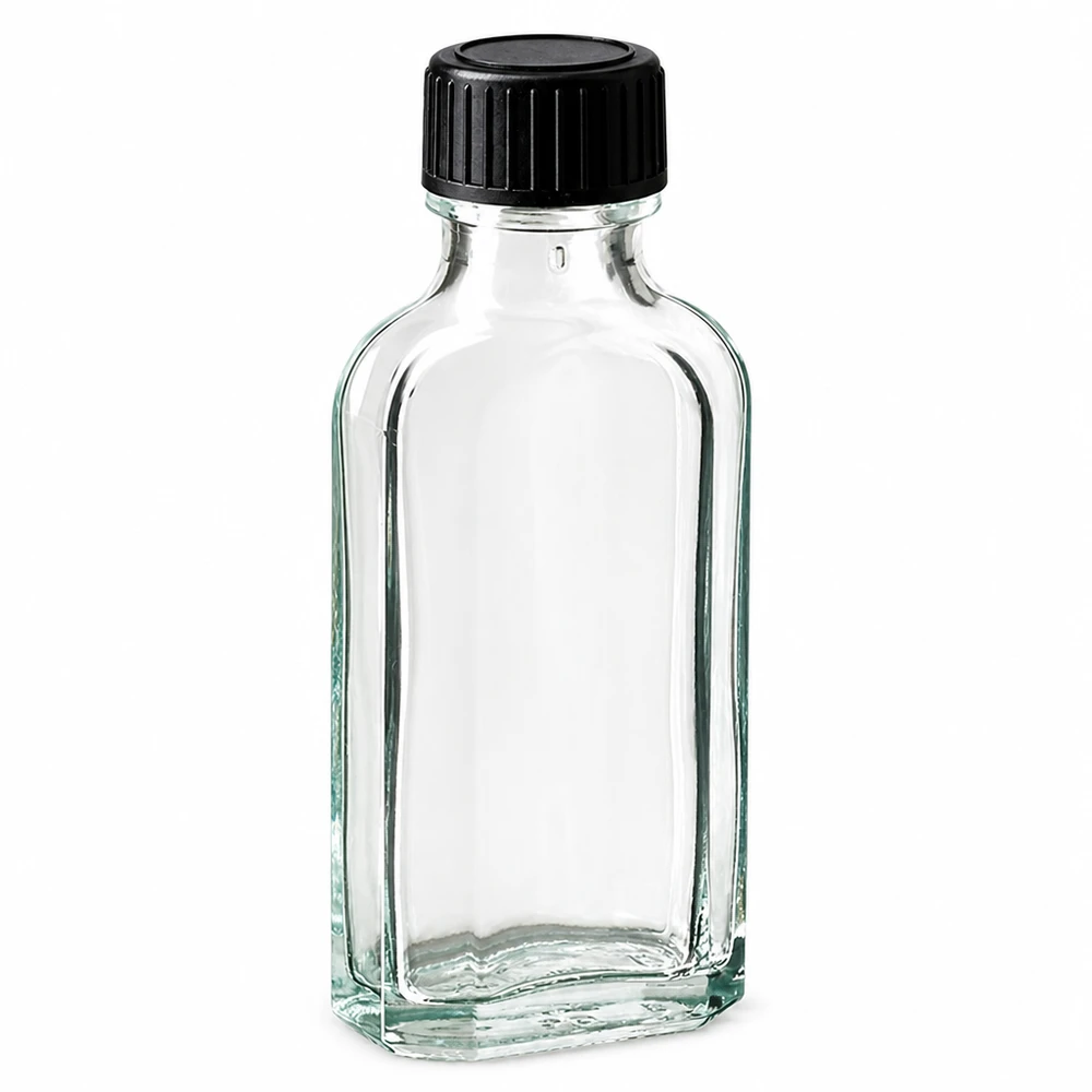 50 ml Meplat-glasflaska, klar, med svart skruvlock och LKD-tätningsskiva