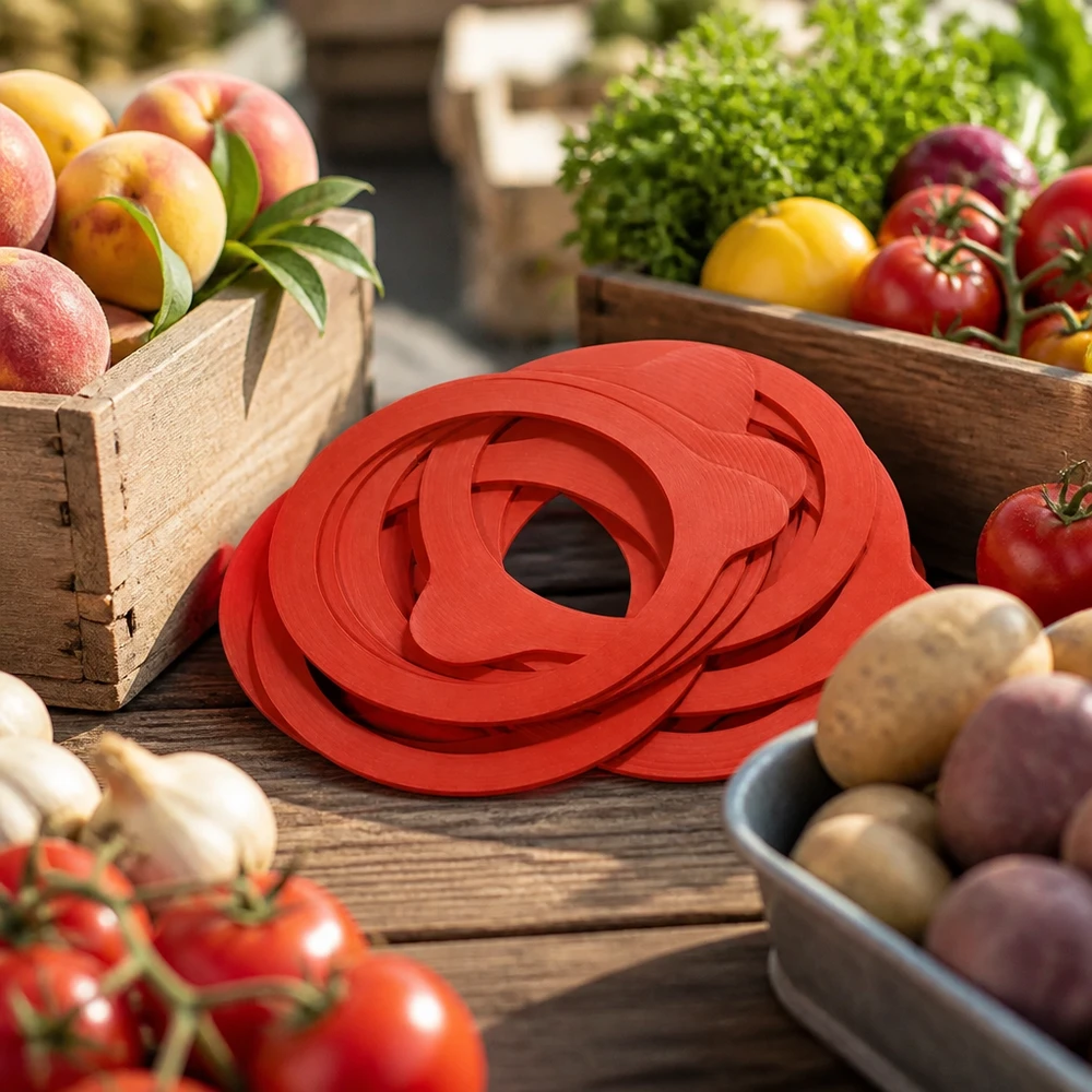 Tätningsring av naturgummi RR80 Einkochring RR80 Naturgummi rot auf rustikalem Holztisch mit frischem Obst Gemüse Marktstand Atmosphäre Einkochen