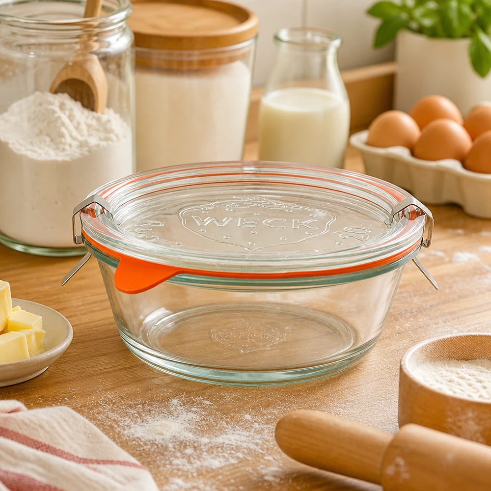 WECK gourmetburk 300ml RR120 i bakningsköket med bakingredienser, mjöl, ägg och mjölk, mångsidig köksburk