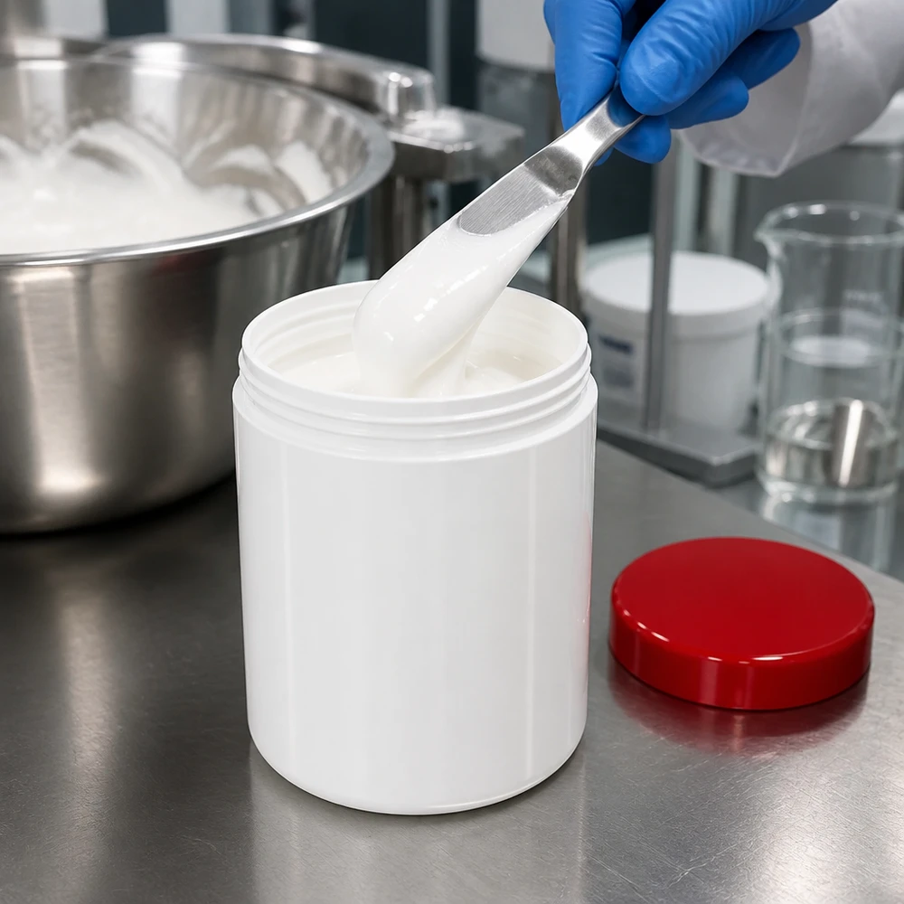 Salvburk 20g vit med rött skruvlock (polypropylen) Liten vit plastburk på 20 g med rött skruvlock av PP för farmaceutiska beredningar