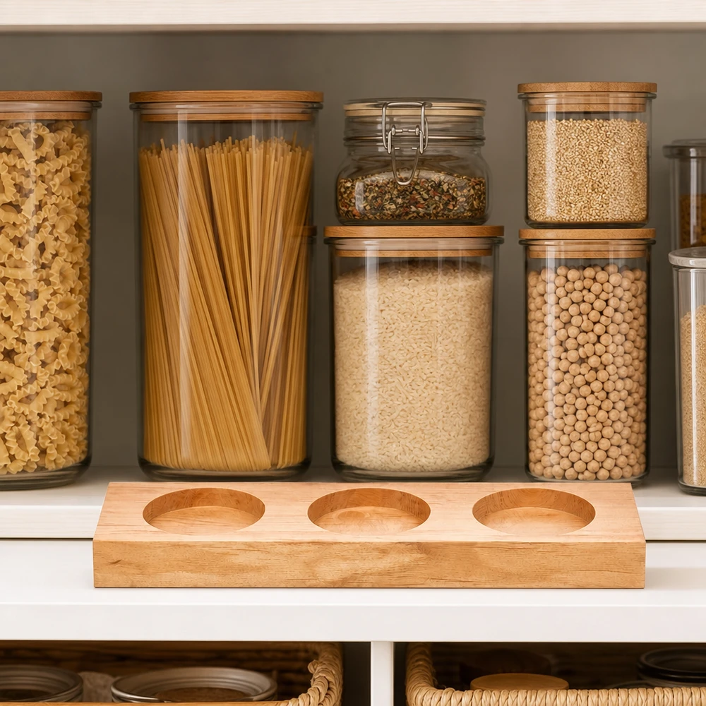Serveringsbricka Plano3 för 3 WECK-burkar Plano3 serveringsbräda för WECK-burkar i ett organiserat förvaringskök med pasta och baljväxter i förvaringsburkar