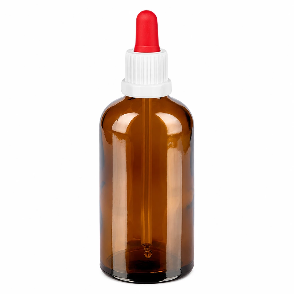 100 ml pipettflaska, brun med vitt lock och röd pipett för exakt dosering