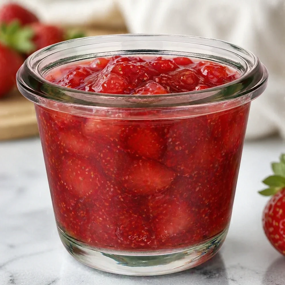 80ml gourmetburk WECK RR60 WECK Gourmetburk RR60 80ml fylld med röd jordgubbssylt mellan färska jordgubbar på en bänkskiva i marmor