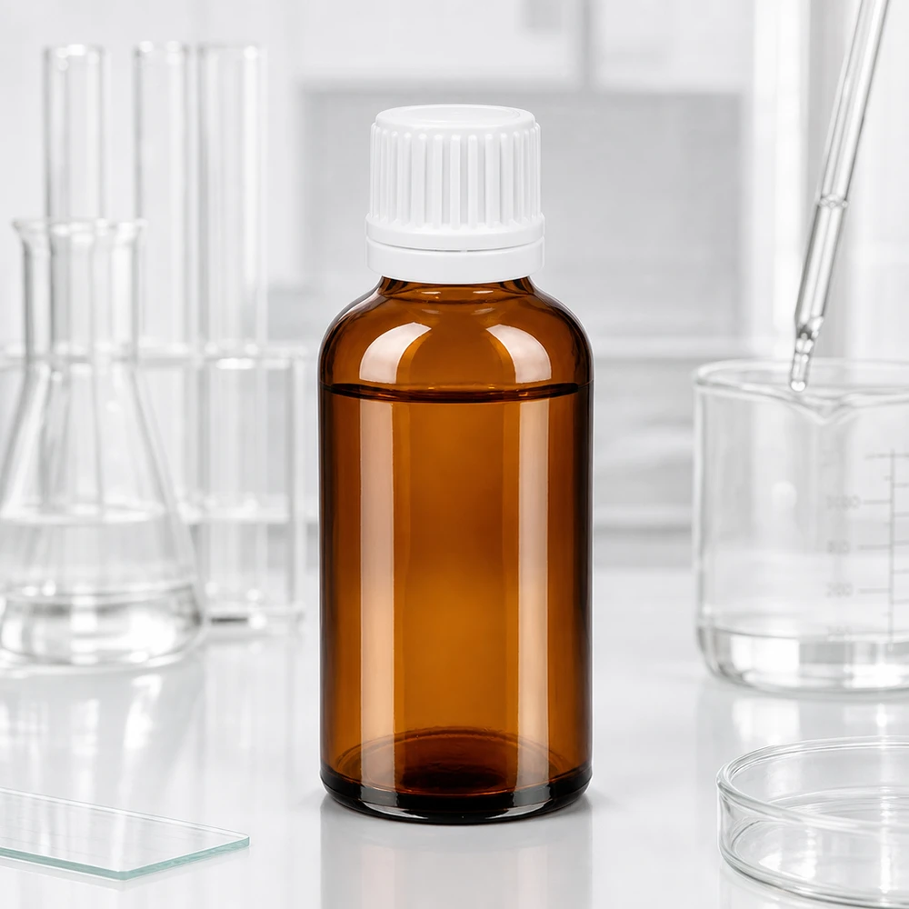 Kompakt 50 ml droppflaska av bärnstensfärgat glas med vitt skruvlock för laboratorie- och läkemedelsbruk