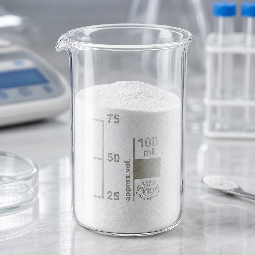 Bägare 100ml borosilikatglas, hög form Vitt pulver i ett 100 ml högt bägarglas av borosilikatglas på laboratoriebordet