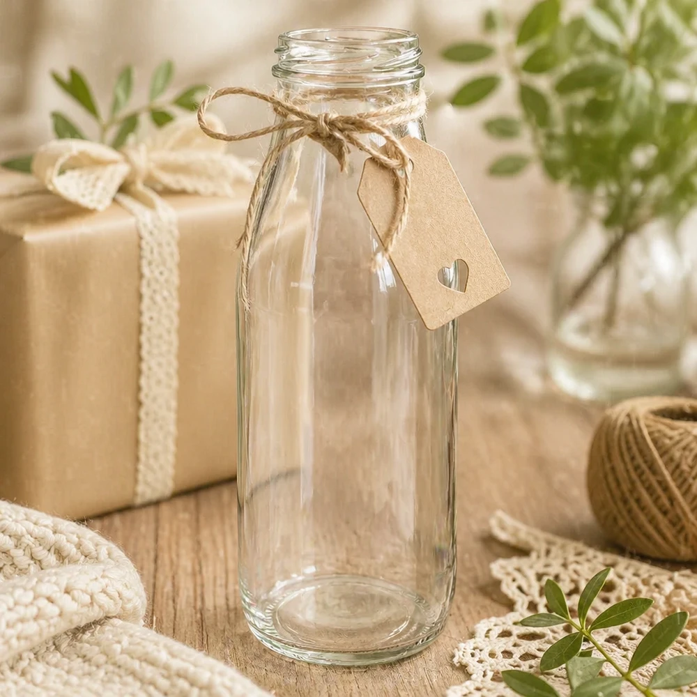 500ml glasflaska utan lock (TO48) UNiTWIST 500 ml glasflaska TO48 UNiTWIST tom med kraftpappersetikett och jutesnöre dekorerad som presentförpackning