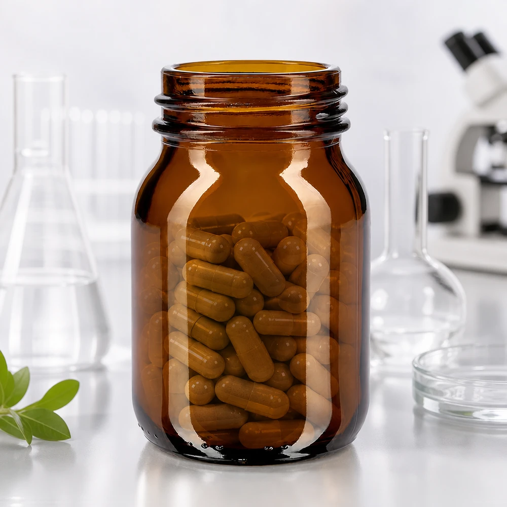 75 ml flaska med vid hals i bärnstensfärgat glas med DIN 40-hals Kompakt 75 ml apoteksflaska i bärnstensfärgat glas med bred öppning för medicinering