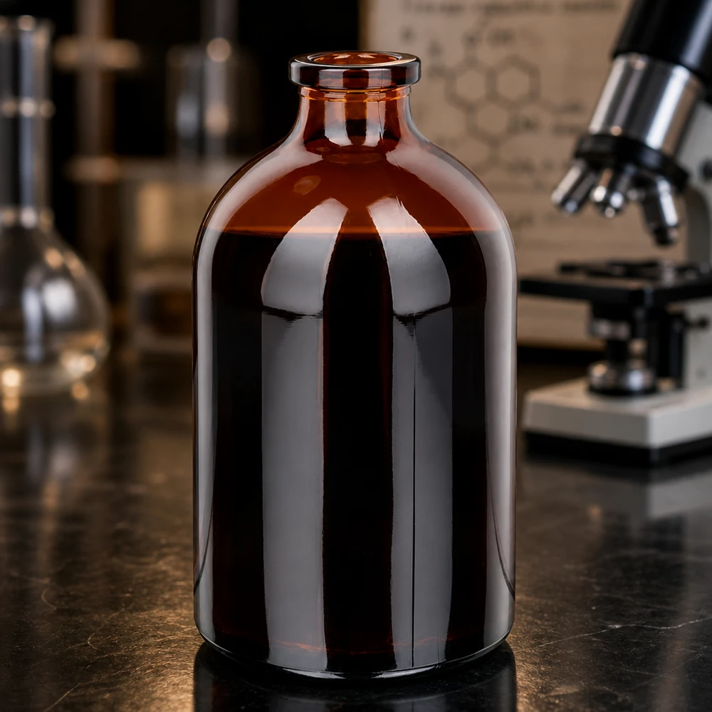 Injektionsflaska av bärnstensfärgat glas 100ml Hochwertige Braunglas Injektionsflasche 100ml mit glänzender Oberfläche auf schwarzer Laborplatte