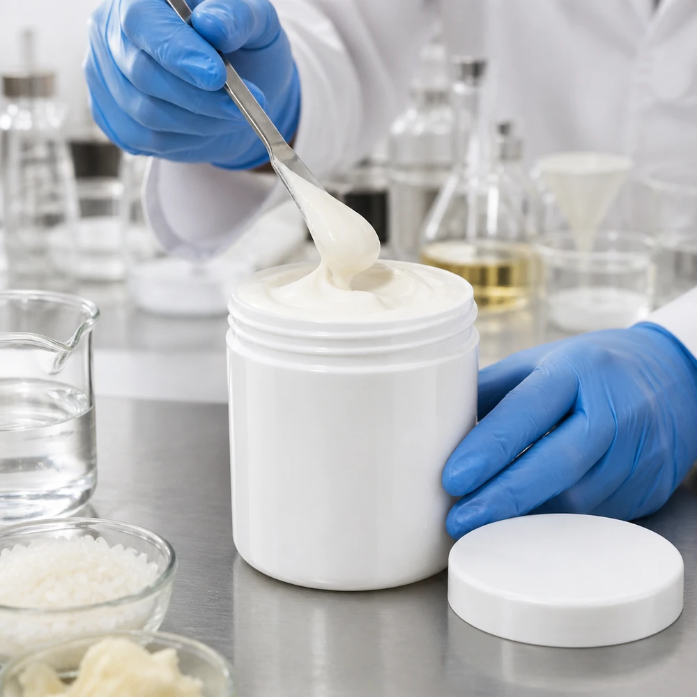 Salvburk 10g vit med vitt skruvlock (polypropylen) Kosmetikautveckling i laboratoriet med en vit 10 g-salvburk av PP och skruvlock