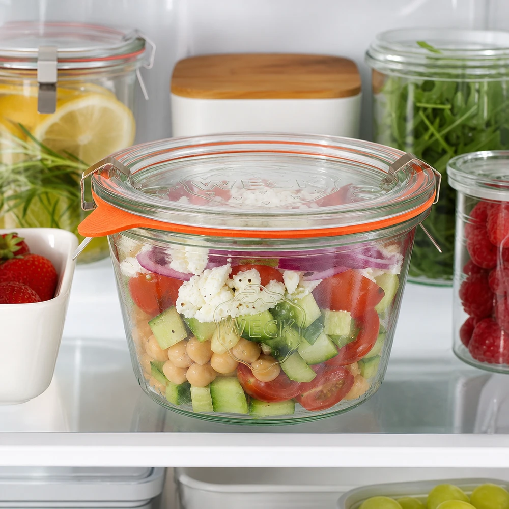WECK 370 ml RR100-glas fyllda med färsk sallad i kylen visar perfekt förvaring av måltidsförberedelser