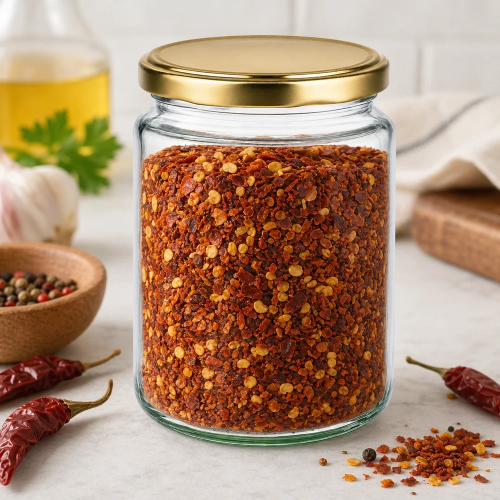 450 g honungsburk fylld med chiliflakes visar mångsidig användning BasicSeal-burk för kryddor och köksförvaring