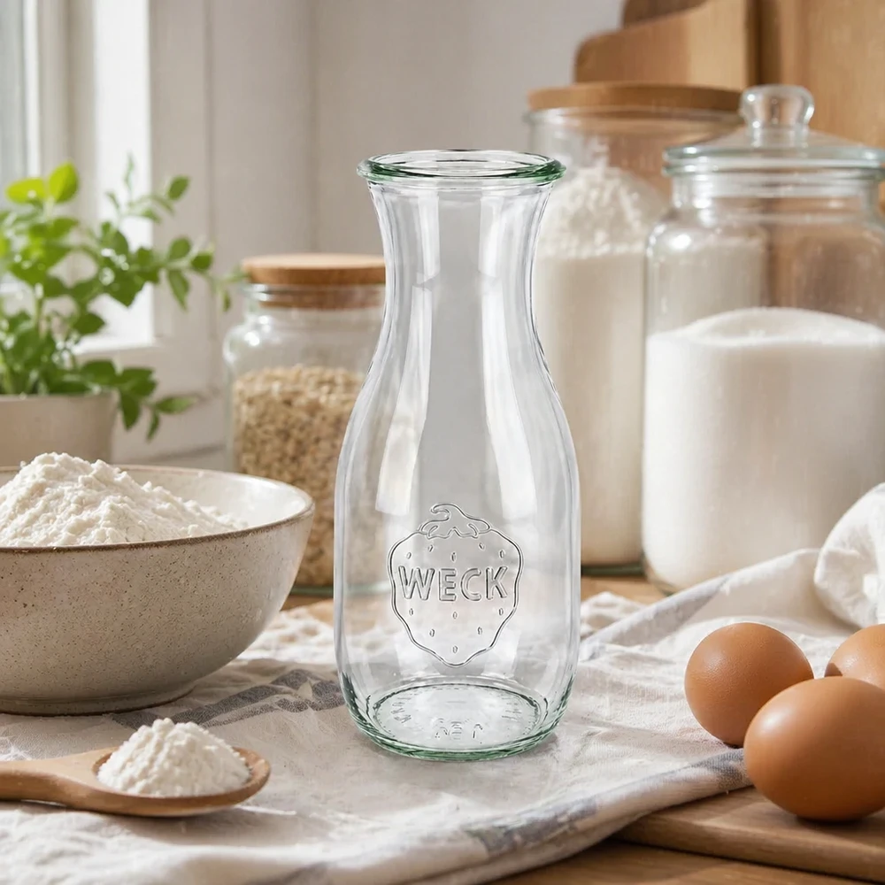 530 ml juiceflaska WECK RR60 WECK Saftflasche 530ml RR60 leer in natürlicher Küchenszene mit Eiern Mehl und Vorratsgläsern für Backen kochen