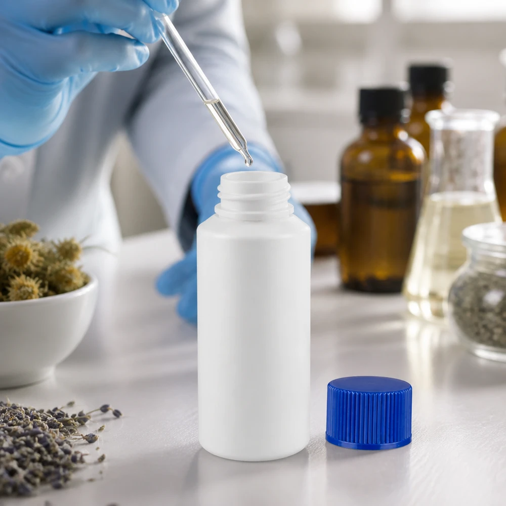 Apoteksflaska HDPE 30ml vit, med blått skruvlock Vit rund HDPE-flaska på 30 ml med blå skruvkork i en farmaceutisk laboratoriemiljö
