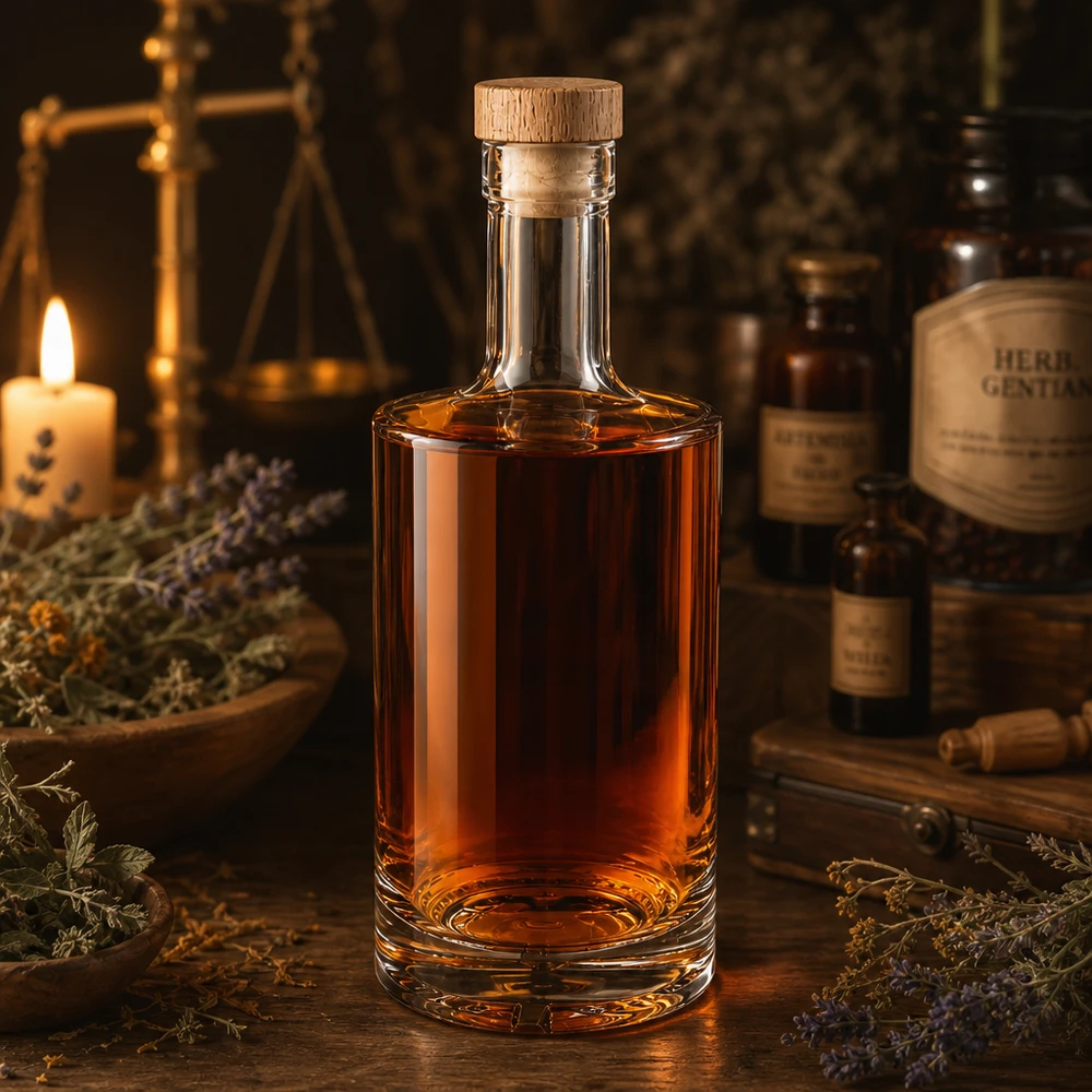 500 ml glasflaska Nora med kork med trähandtag UNiTWIST® 500ml glasflaska Nora med örtlikör bärnstensfärgad träkork UNiTWIST apothecary ambience lavender candle