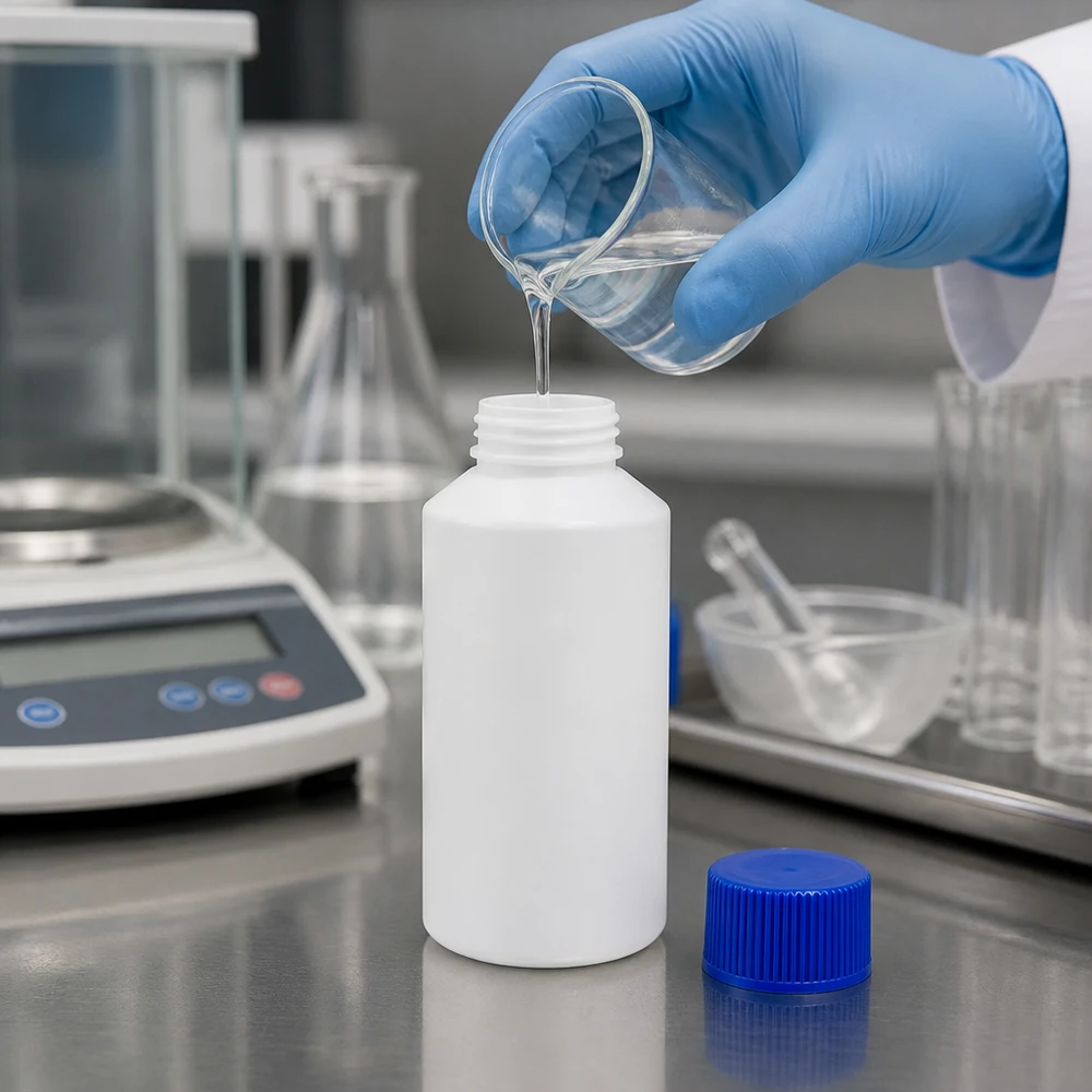 Apoteksflaska HDPE 50ml vit, med blått skruvlock En laboratorieassistent häller en klar vätska i en vit 50 ml apoteksflaska av HDPE med blått lock
