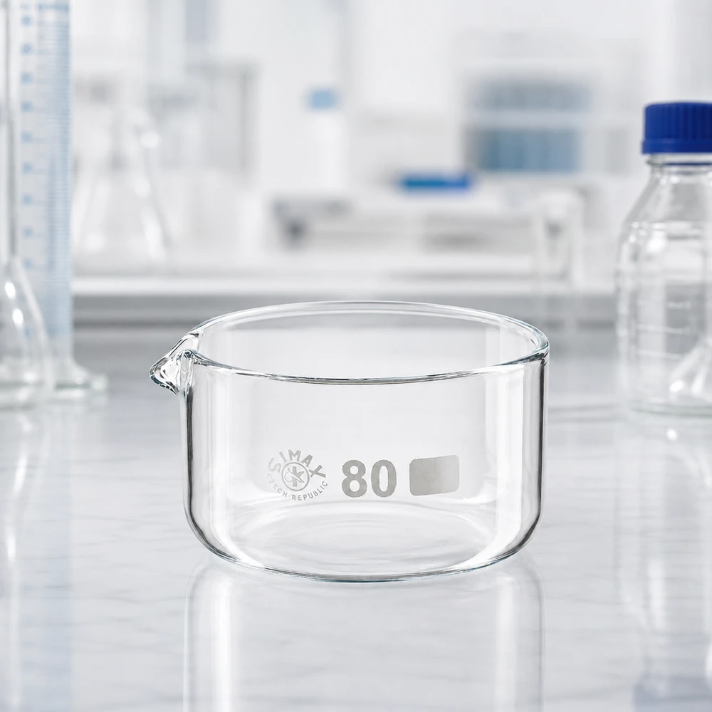 150ml kristalliseringsskål med pip borosilikat ø80mm Tom kristallisationsskål 150 ml med utlopp för professionellt laboratoriebruk, ø80 mm, SIMAX
