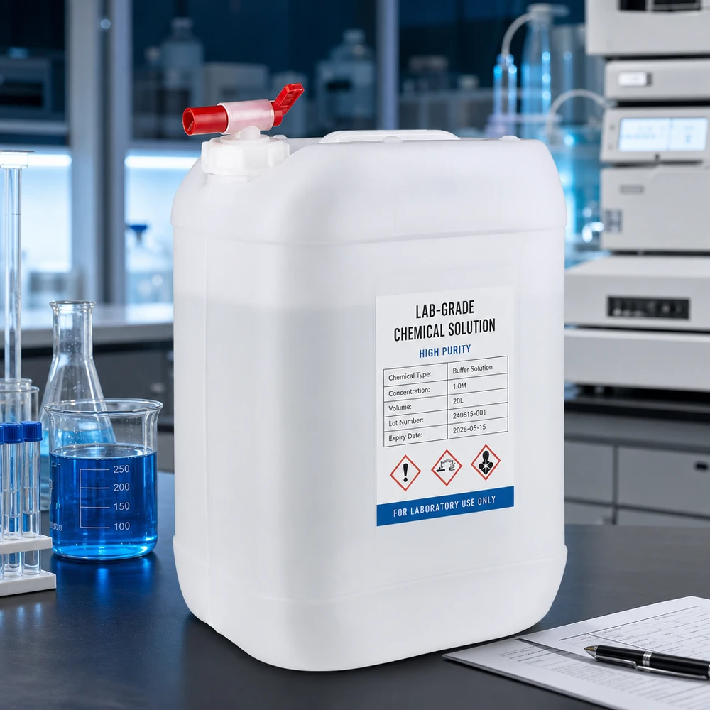Laboratoriekanna på 25 liter med kemikalieetikett och röd tappkran för buffertlösning