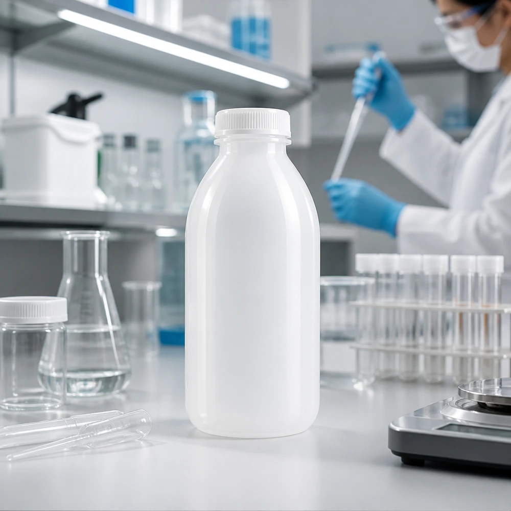 500ml laboratorieflaska med smal hals utan lock 500 ml vit, ogenomskinlig laboratorieflaska med smal hals utan lock, framför Erlenmeyerkolvar och provrör