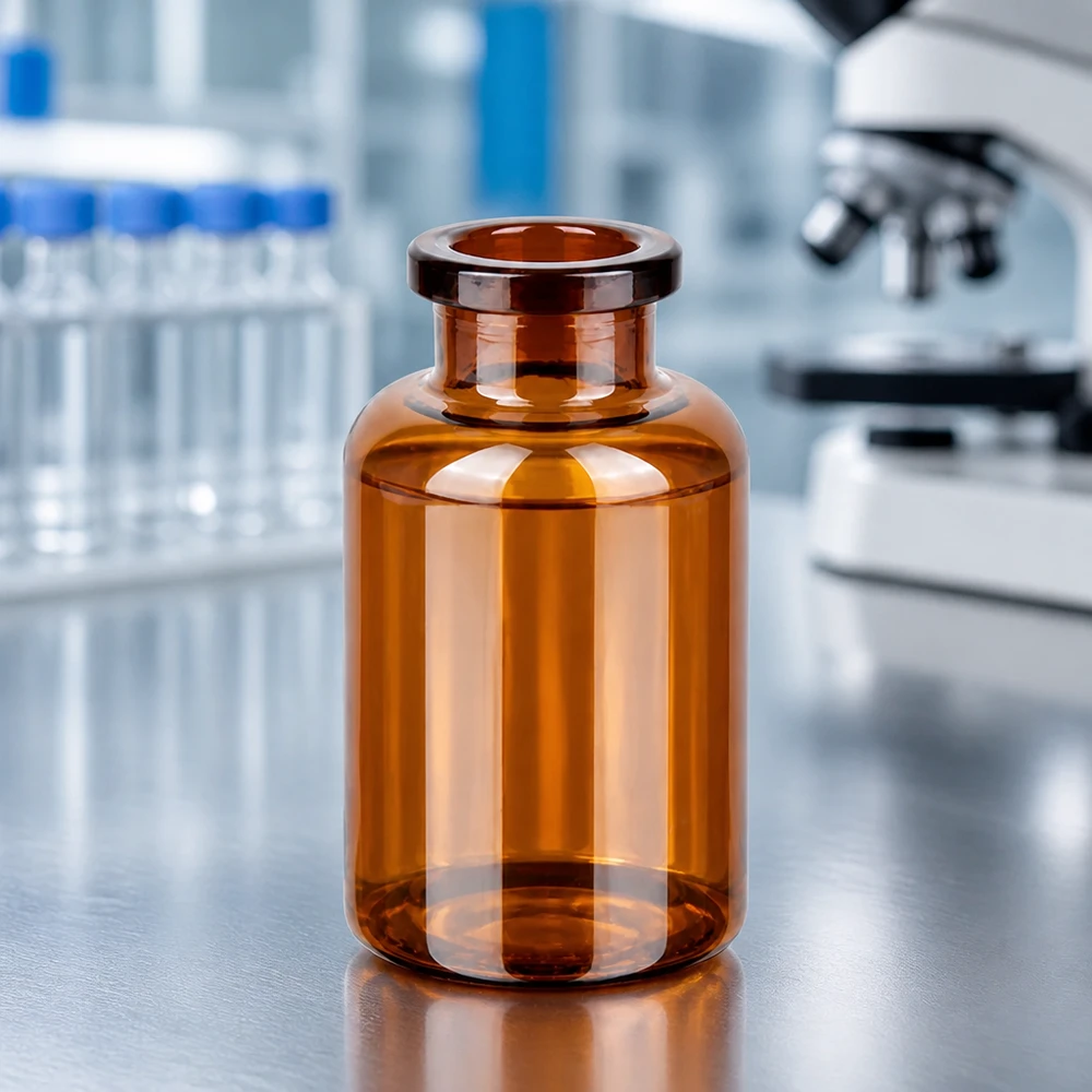 Injektionsflaska av bärnstensfärgat glas 20ml Pharmazeutische Braunglas Injektionsflasche 20ml mit flachem Boden und breitem Körper