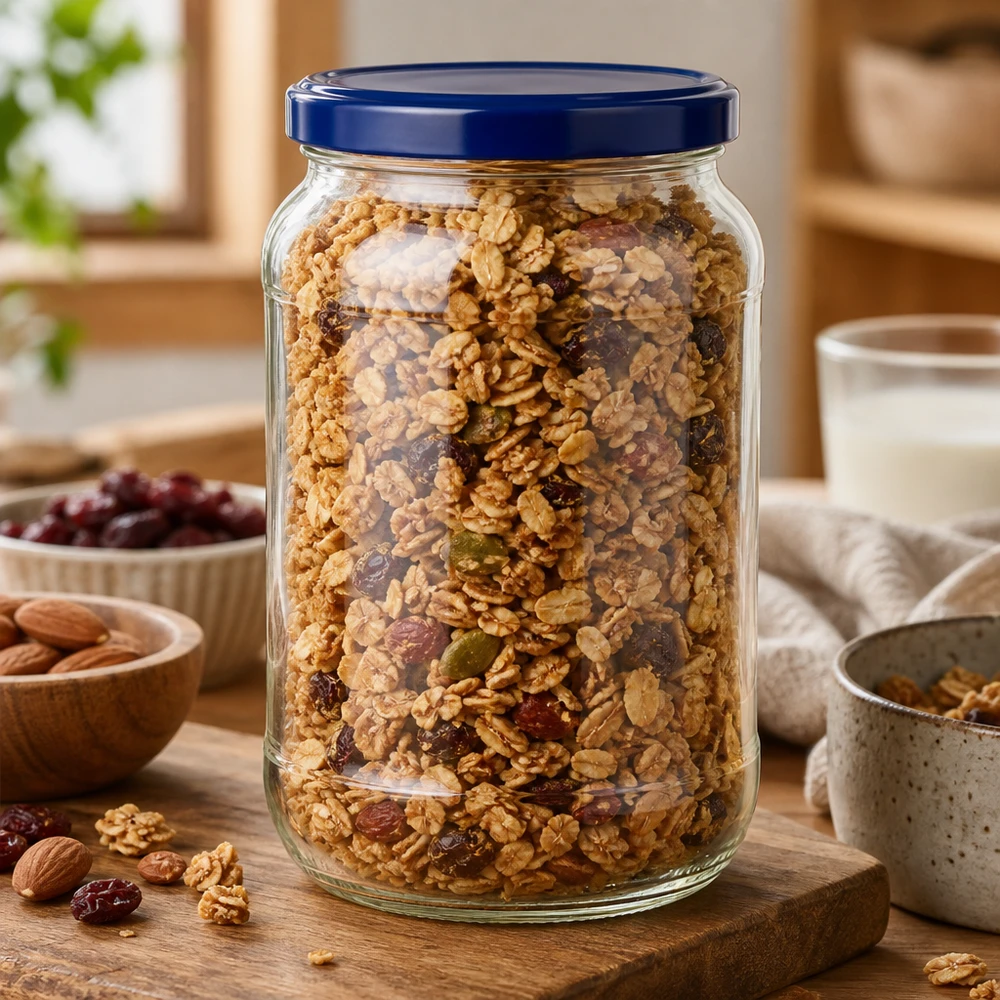 1062ml rund burk + BasicSeal lock blå UNiTWIST 1062ml rund burk UNiTWIST blått lock med müsli nötter torkad frukt förvaringsburk kök träbräda