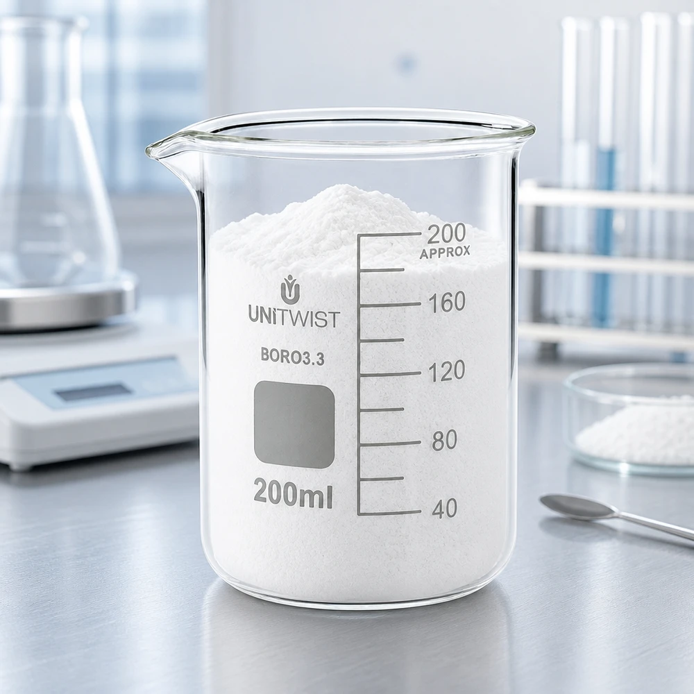Bägare 200ml borosilikat, lågformad UNiTWIST Ett 200 ml-mätglas fyllt med vitt pulver på en laboratorievåg visar mätnoggrannheten