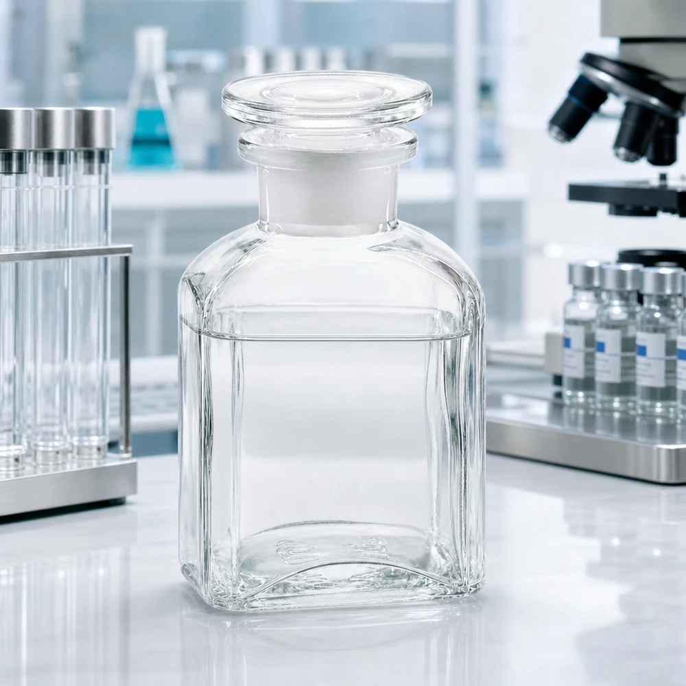 Rektangulär laboratorieflaska på 150 ml av klart glas med bred öppning och inslipad propp