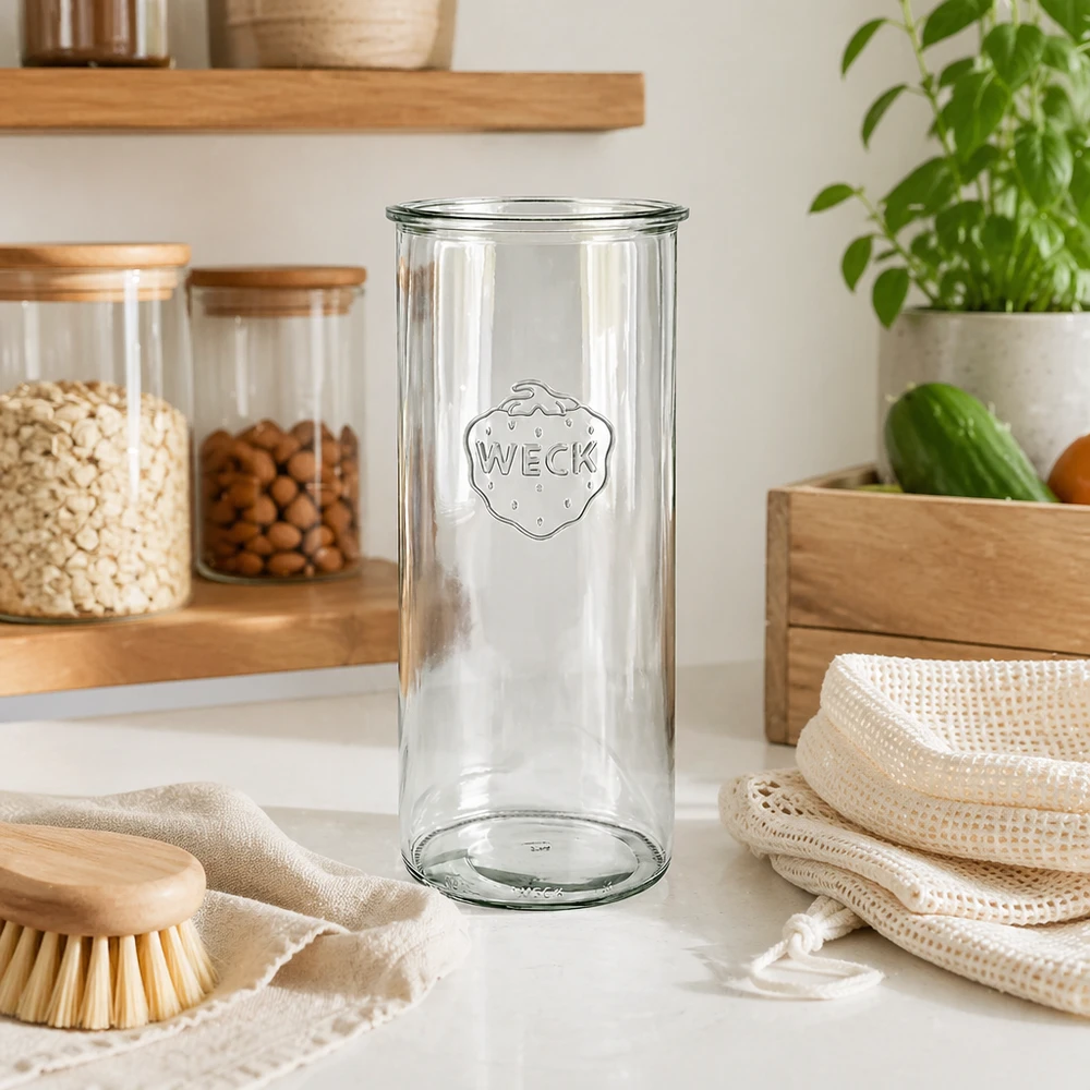 1500 ml burk WECK RR100 1500 ml WECK RR100 murarburk i ett modernt kök med trähyllor och hållbara produkter