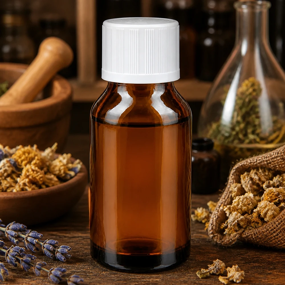 Brun glasflaska på 30 ml med vitt säkerhetslock, med torkade örter och lavendel inuti