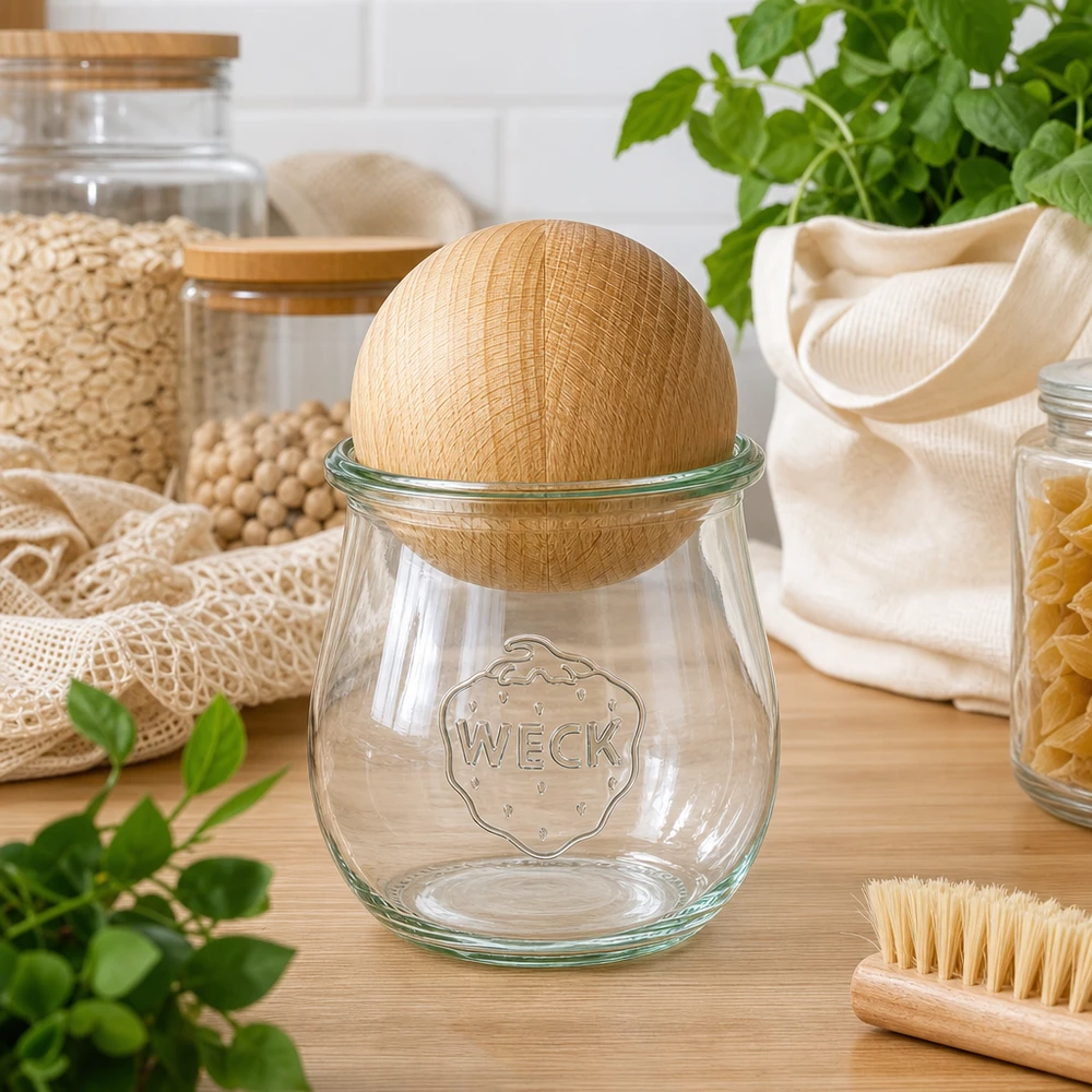 220ml tulpanburk WECK RR60 med träkula bok WECK Tulpenglas RR60 220ml mit Buchenholzkugel in nachhaltiger Zero-Waste Küche neben Naturfasern und Kräutern