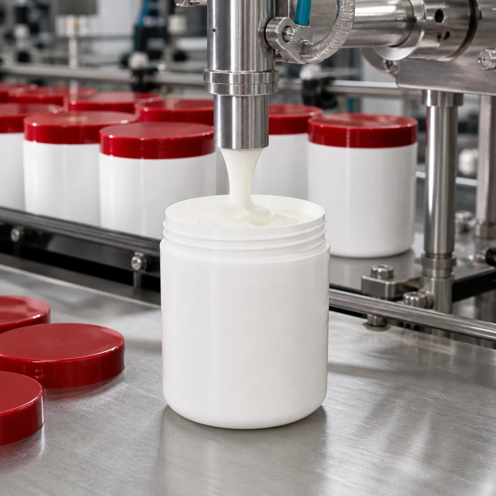 Automatisk påfyllning av en vit salvorburk på 100 g med rött PP-skruvlock i produktionen