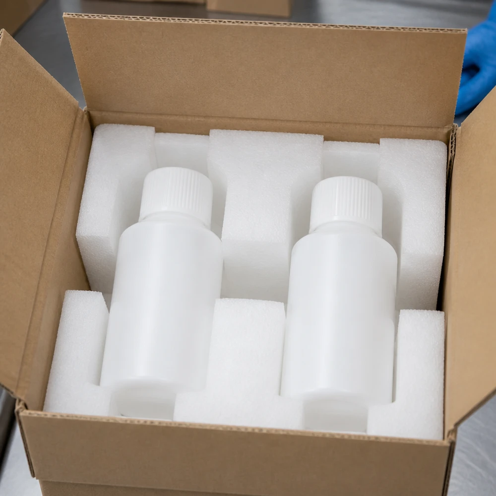Apoteksflaska HDPE 50ml vit, med vitt skruvlock Flera vita HDPE-apotekflaskor à 50 ml med säkerhetslock, säkert förpackade i skumplastinlägg