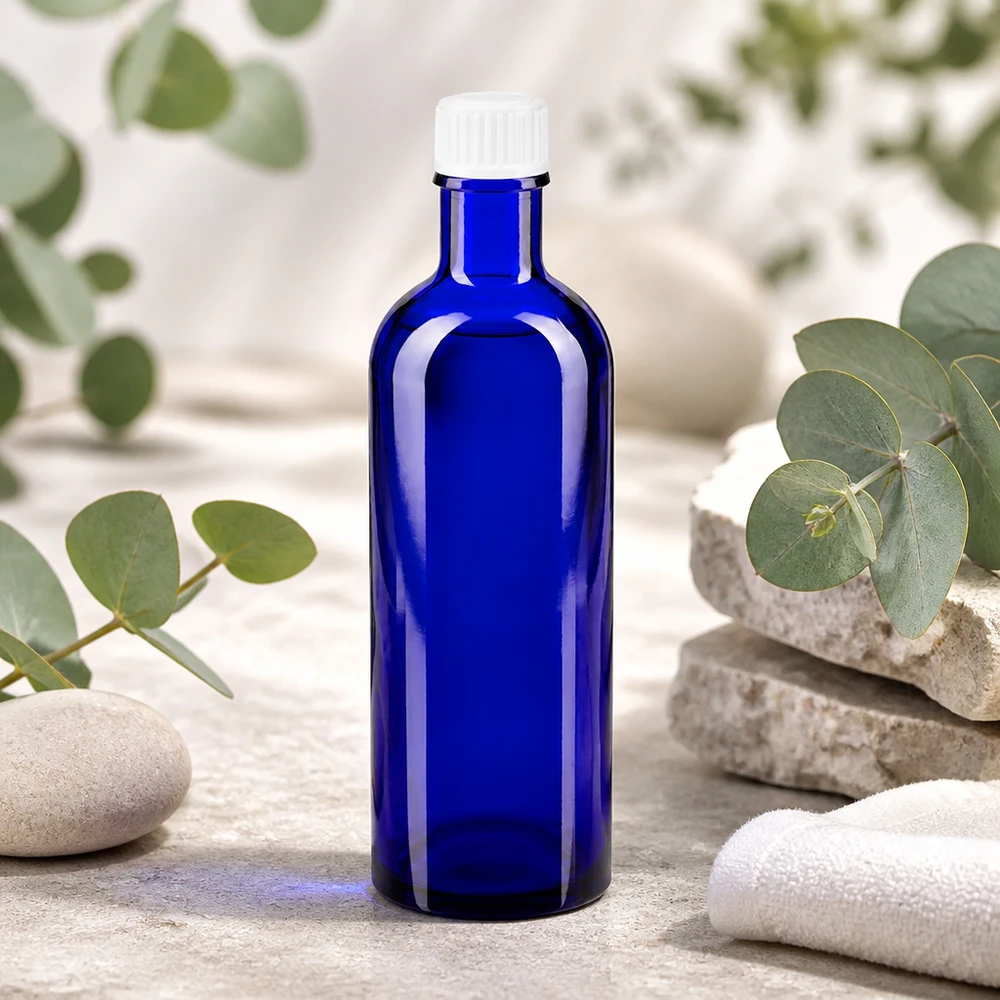 Apoteksflaska blå 200ml skruvkork vit standard Apoteksflaska, 200 ml, blå, med barnsäker vit skruvkork av glas