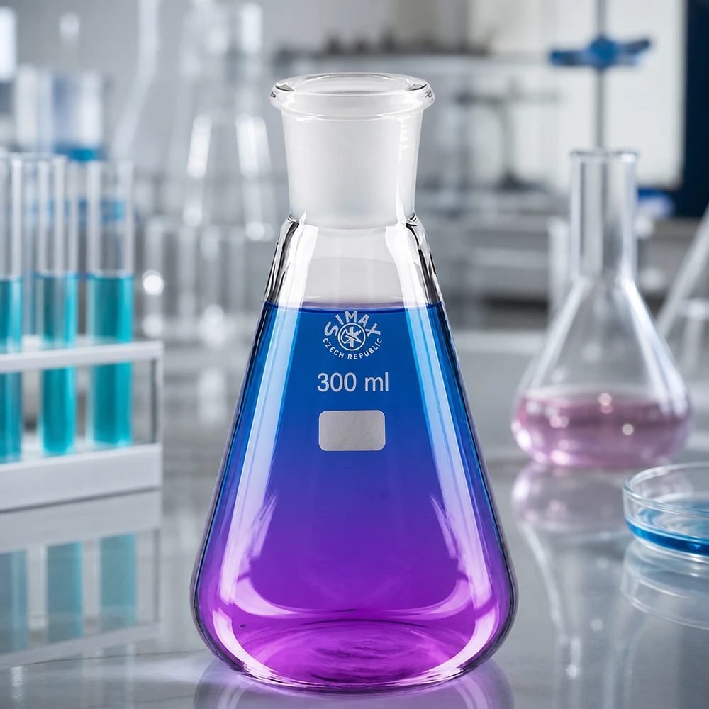Erlenmeyerkolv 300ml med standardslipad fog (29/32) Erlenmeyerkolv 300ml med violett vätska och standard slipad fog 29/32 för kemiska experiment