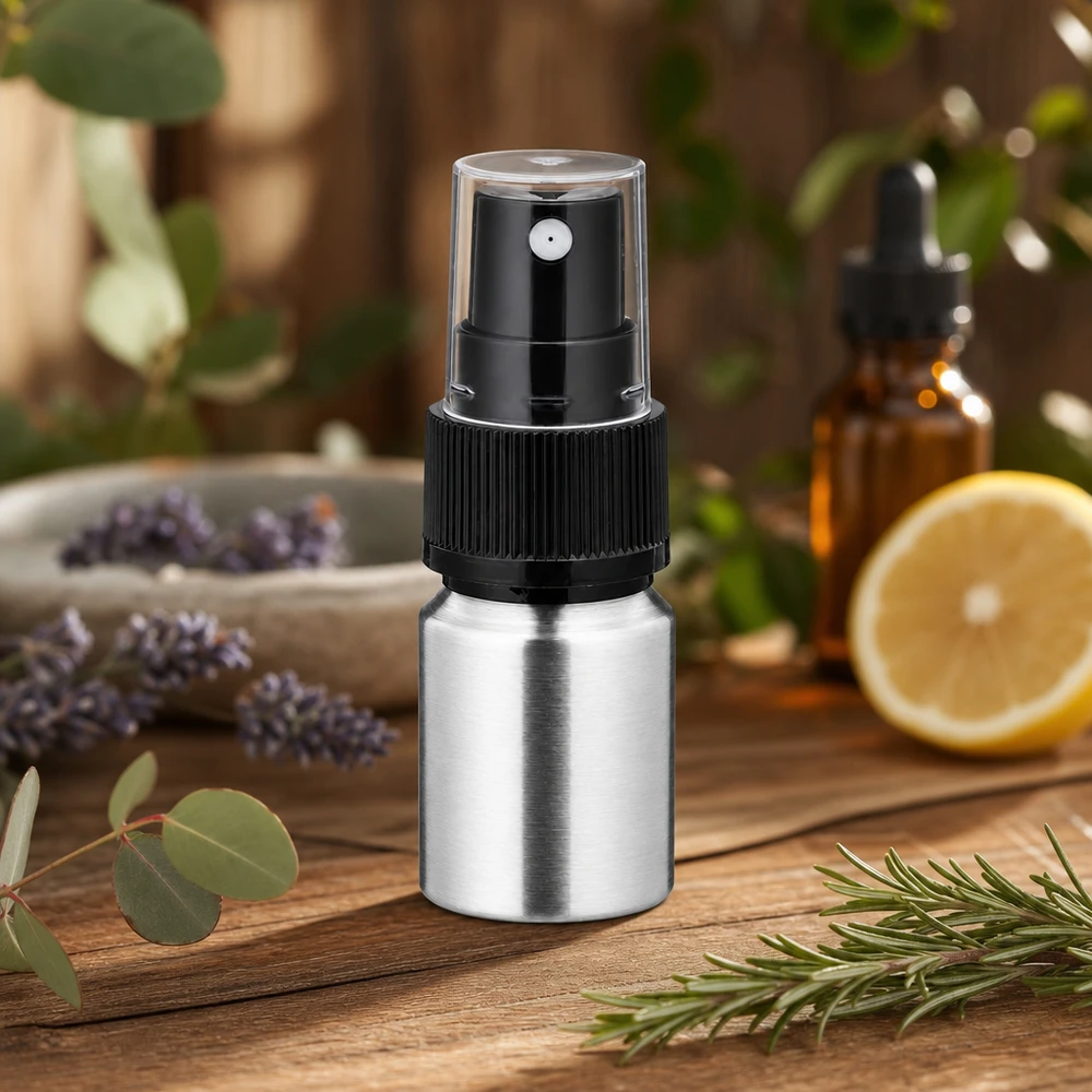 10ml polerad aluminiumflaska med atomiserare Liten 10 ml aluminiumflaska med pumpspruta - perfekt resestorlek för eteriska oljor och parfym